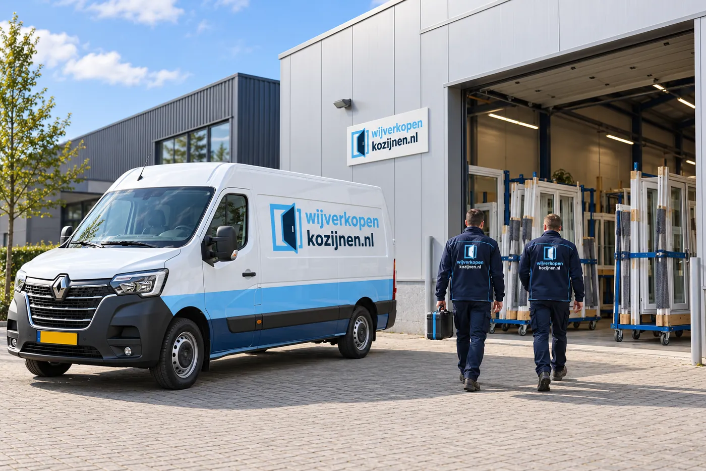 Bedrijfswagen voor een hal met kozijnen, twee medewerkers lopen naar binnen.