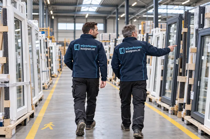 Twee medewerkers lopen door een magazijn met kozijnen.